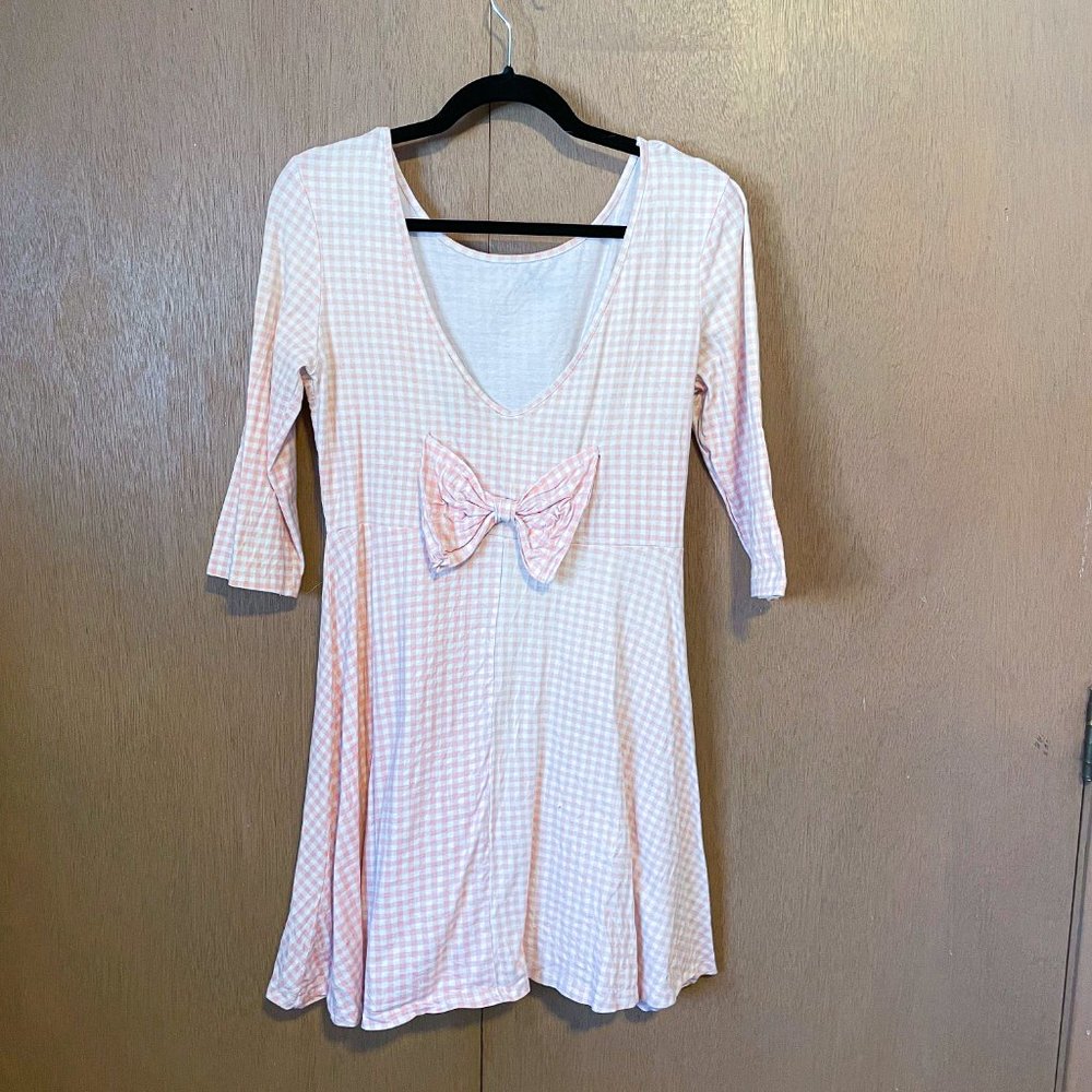 Cute Pink Gingham Long Sleeve Mini Dress with Back Bow
